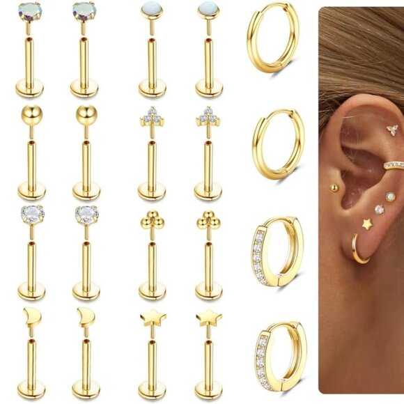 Flat Back Earrings Study Hypoallergenic Surgical Steel Multiple Piercing Use - Picture 1 of 6